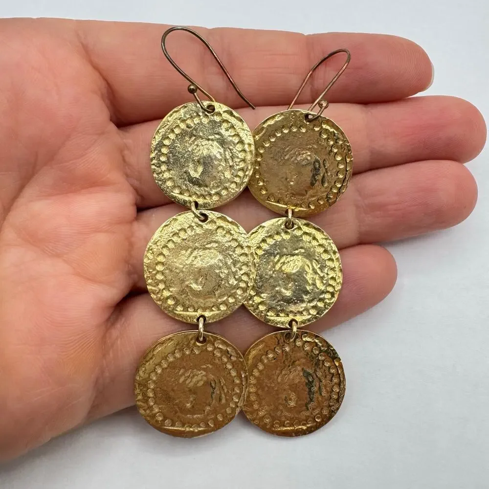 Vintage Ancient Style Golden Coins Linear Dangle Earrings Etruscan Luxe Dusters
